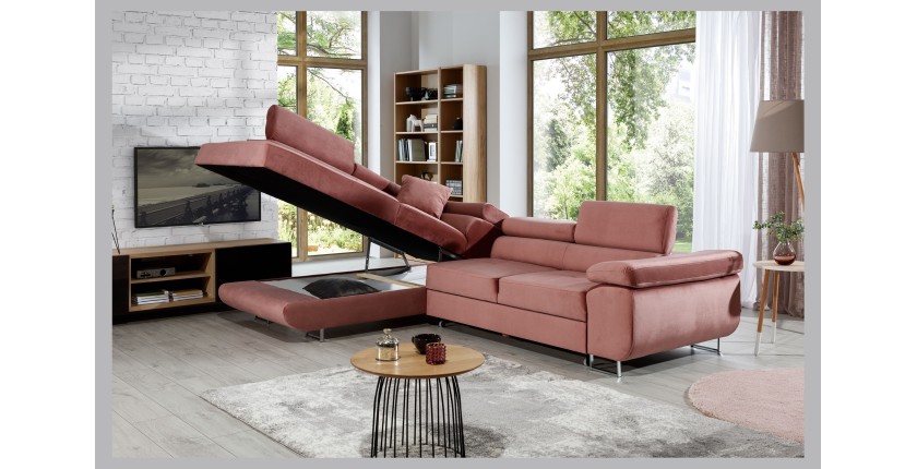 Canapé d’angle convertible MENTON rose velours – Angle gauche avec coffre