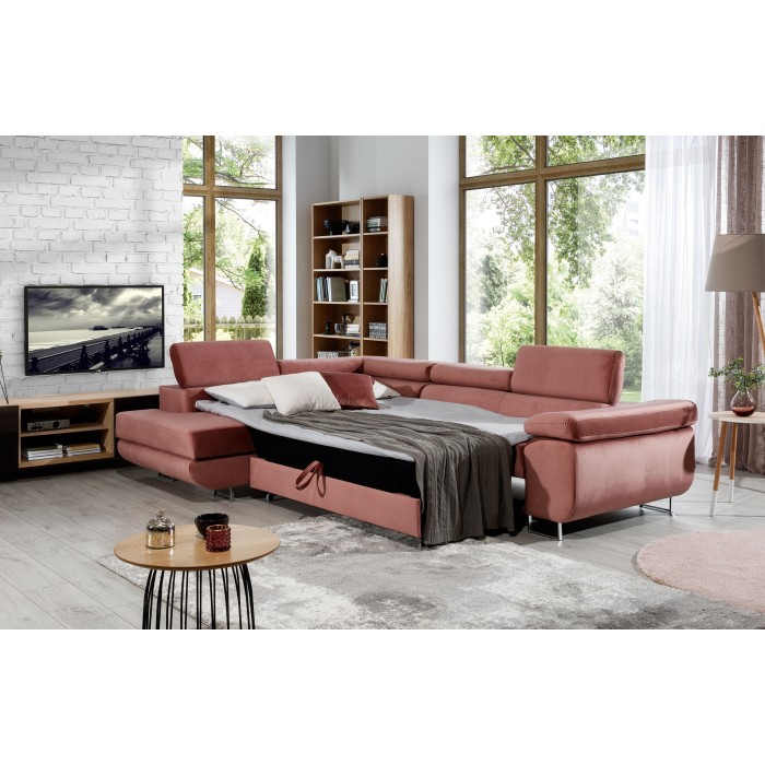 Canapé d’angle convertible MENTON rose velours – Angle gauche avec coffre