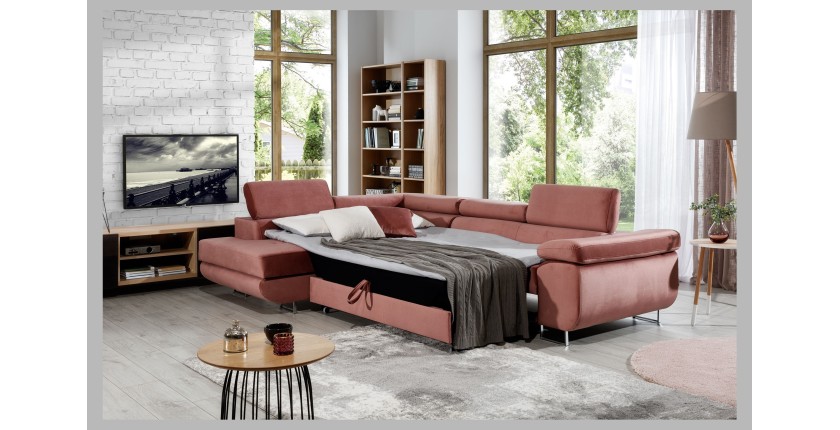 Canapé d’angle convertible MENTON rose velours – Angle gauche avec coffre