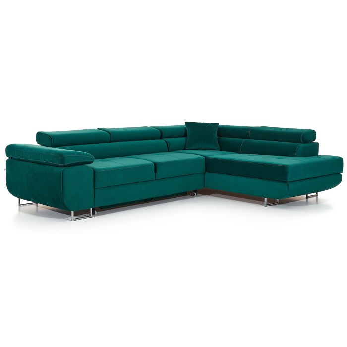 Canapé d’angle convertible MENTON vert canard velours – Angle droit avec coffre