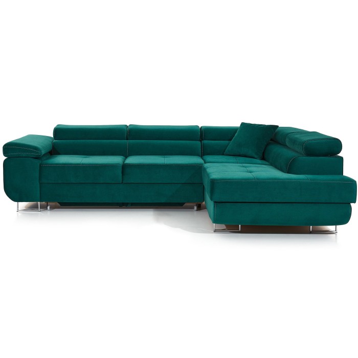 Canapé d’angle convertible MENTON vert canard velours – Angle droit avec coffre