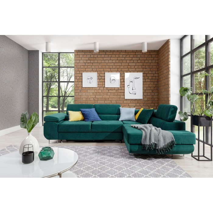 Canapé d’angle convertible MENTON vert canard velours – Angle droit avec coffre