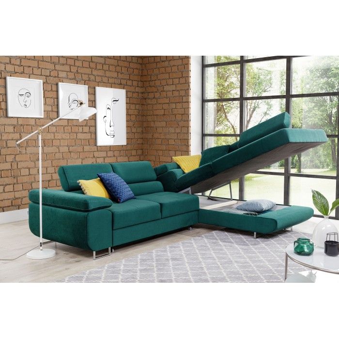 Canapé d’angle convertible MENTON vert canard velours – Angle droit avec coffre