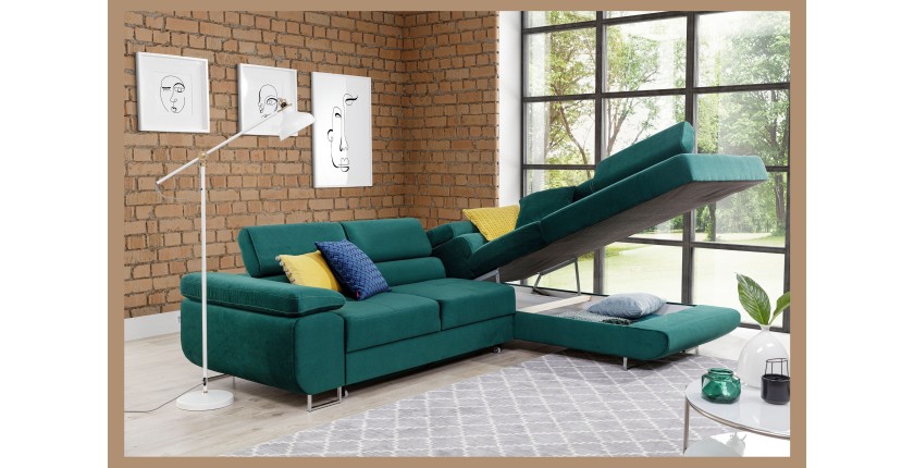 Canapé d’angle convertible MENTON vert canard velours – Angle droit avec coffre