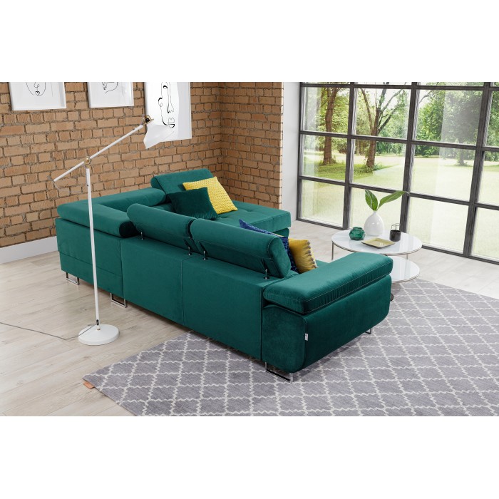 Canapé d’angle convertible MENTON vert canard velours – Angle droit avec coffre
