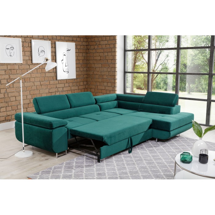 Canapé d’angle convertible MENTON vert canard velours – Angle droit avec coffre