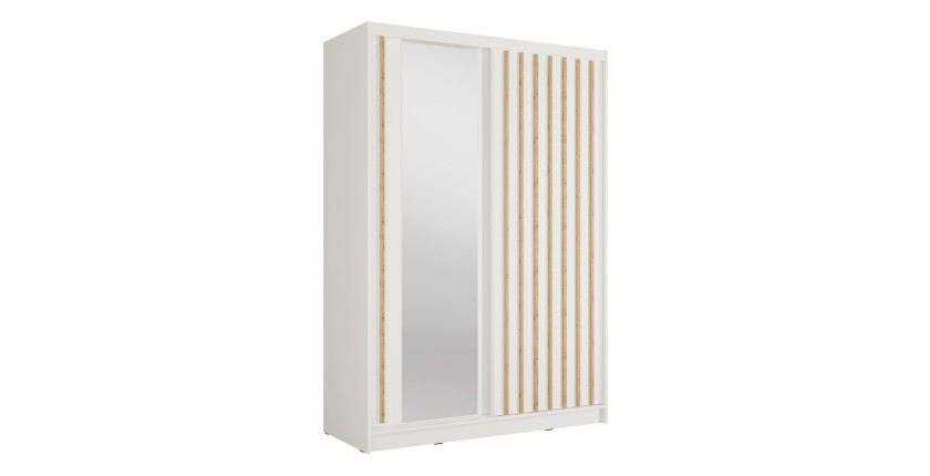 Armoire KAZU 2 portes coulissantes avec miroir et tasseaux décoratifs 155 cm