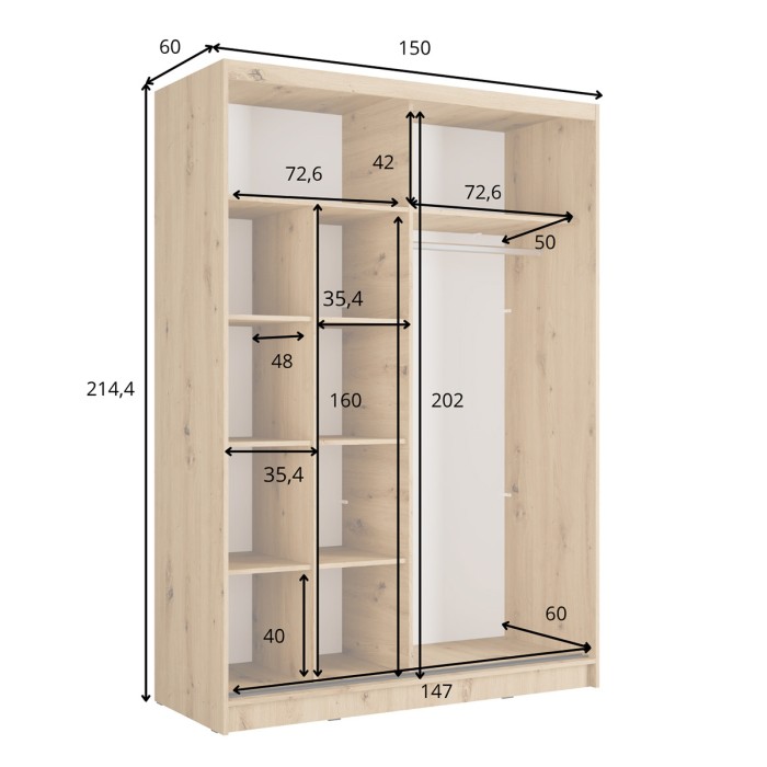 Schrank KAZU mit 2 Schiebetüren, Spiegel und dekorativen Leisten 155 cm