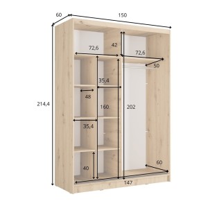 Armoire KAZU 2 portes coulissantes avec miroir et tasseaux décoratifs 155 cm