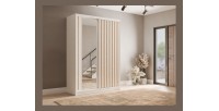Armoire KAZU 2 portes coulissantes avec miroir et tasseaux décoratifs 155 cm