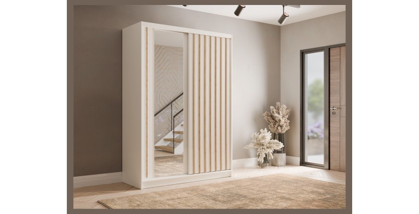 Armoire KAZU 2 portes coulissantes avec miroir et tasseaux décoratifs 155 cm
