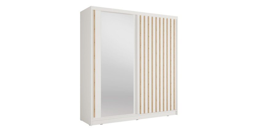 Armoire KAZU 2 portes coulissantes avec miroir et tasseaux décoratifs 205 cm