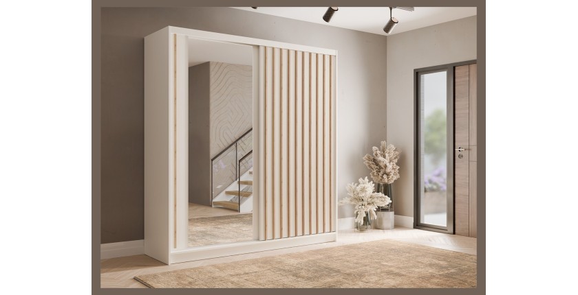 Armoire KAZU 2 portes coulissantes avec miroir et tasseaux décoratifs 205 cm