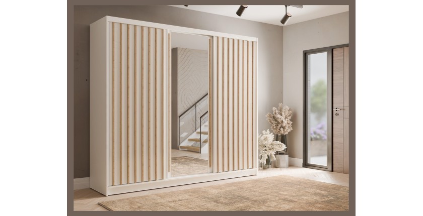 Armoire KAZU 3 portes coulissantes avec miroir et tasseaux décoratifs 248 cm