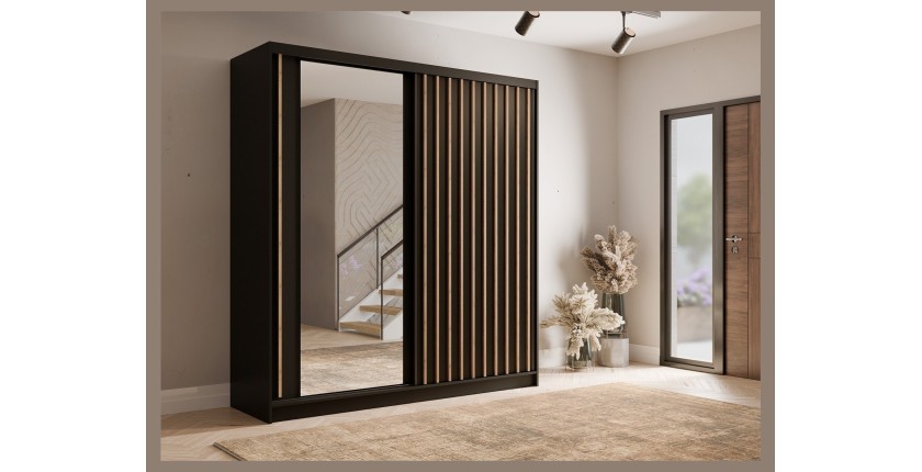 Armoire KAZU 2 portes coulissantes avec miroir gris graphite 205 cm