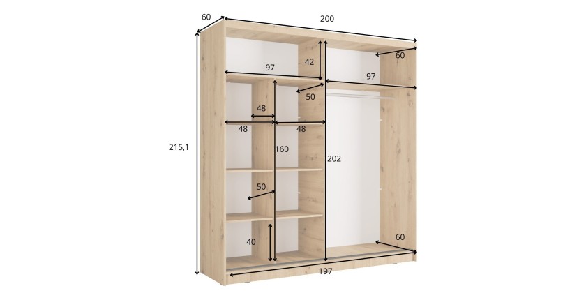 Armoire KAZU 2 portes coulissantes avec miroir gris graphite 205 cm