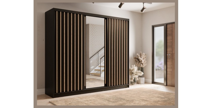 Armoire KAZU 3 portes coulissantes avec miroir gris graphite 248 cm