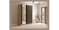 Armoire KAZU 2 portes coulissantes avec miroir chêne et gris graphite 155 cm
