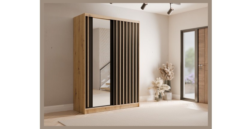 Armoire KAZU 2 portes coulissantes avec miroir chêne et gris graphite 155 cm