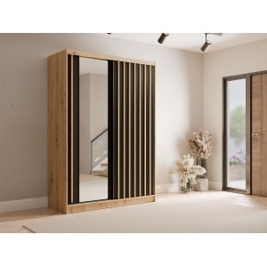 Armoire KAZU 2 portes coulissantes avec miroir chêne et gris graphite 155 cm