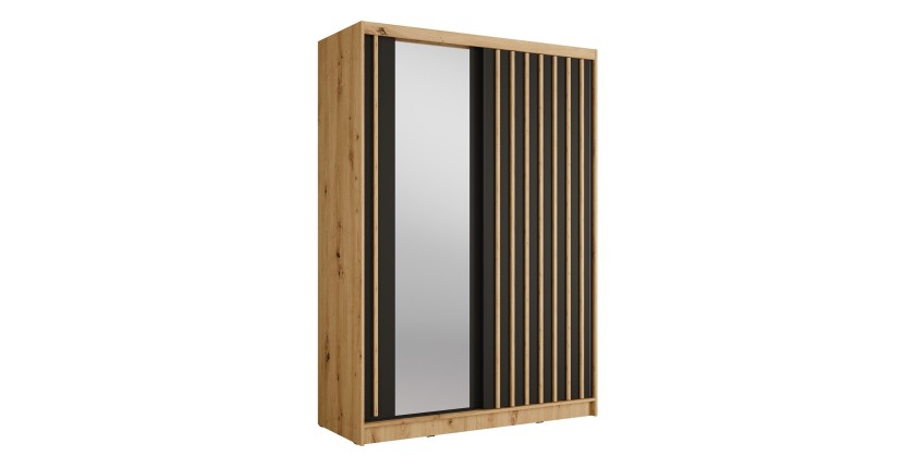 Armoire KAZU 2 portes coulissantes avec miroir chêne et gris graphite 155 cm