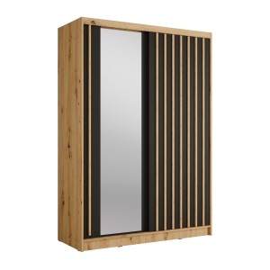 Armoire KAZU 2 portes coulissantes avec miroir chêne et gris graphite 155 cm