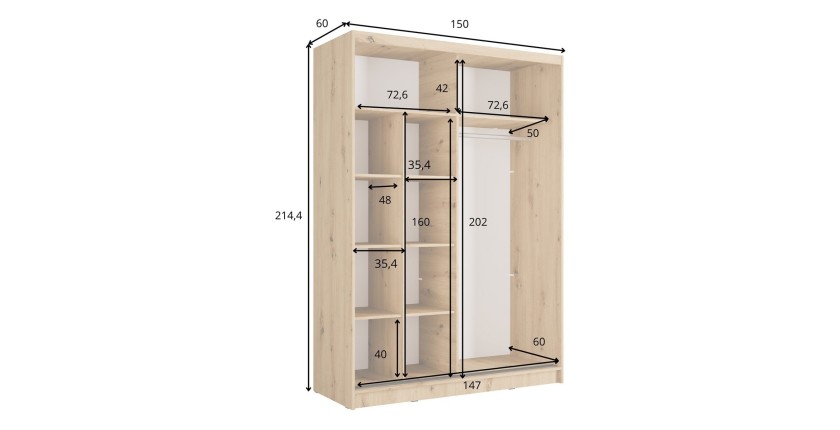 Armoire KAZU 2 portes coulissantes avec miroir chêne et gris graphite 155 cm