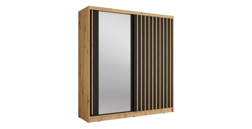 Armoire KAZU 2 portes coulissantes avec miroir chêne et gris graphite 205 cm