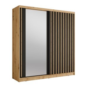 Armoire KAZU 2 portes coulissantes avec miroir chêne et gris graphite 205 cm
