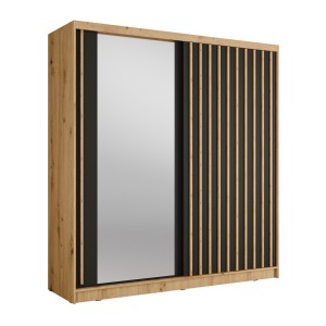 Armoire KAZU 2 portes coulissantes avec miroir chêne et gris graphite 205 cm