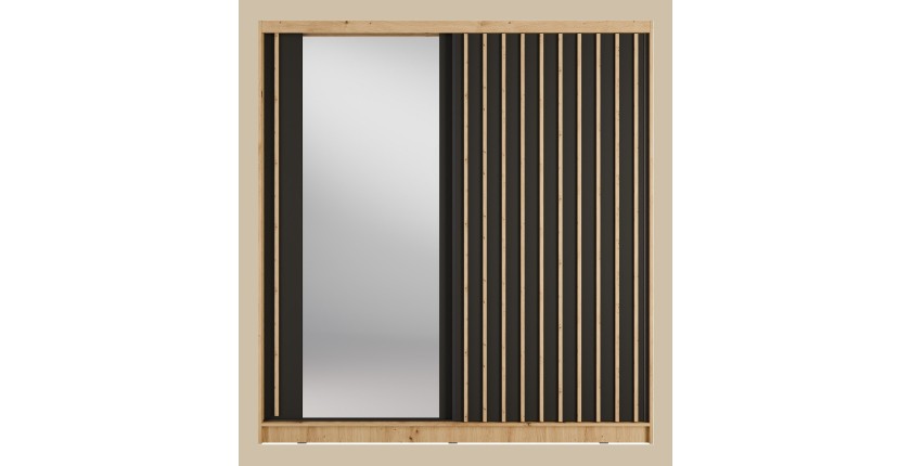 Armoire KAZU 2 portes coulissantes avec miroir chêne et gris graphite 205 cm