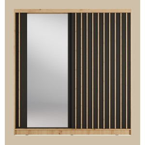 Armoire KAZU 2 portes coulissantes avec miroir chêne et gris graphite 205 cm