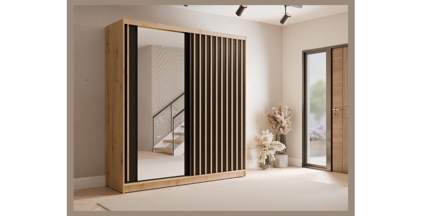 Armoire KAZU 2 portes coulissantes avec miroir chêne et gris graphite 205 cm