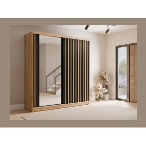 Armoire KAZU 2 portes coulissantes avec miroir chêne et gris graphite 205 cm
