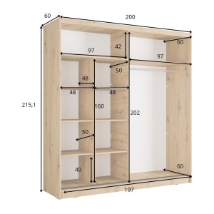 Armoire KAZU 2 portes coulissantes avec miroir chêne et gris graphite 205 cm