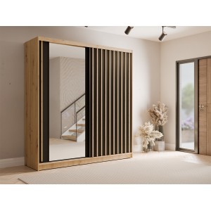 Armoire KAZU 2 portes coulissantes avec miroir chêne et gris graphite 205 cm