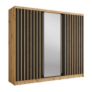Armoire KAZU 3 portes coulissantes avec miroir chêne et gris graphite 248 cm