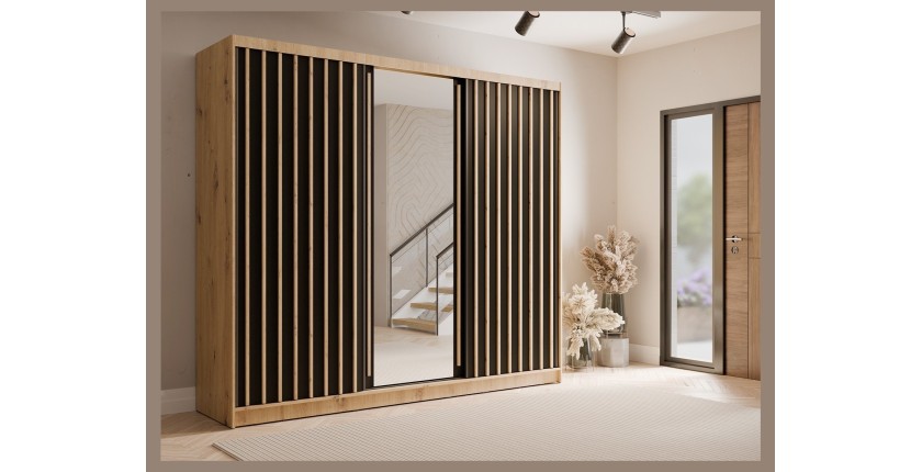 Armoire KAZU 3 portes coulissantes avec miroir chêne et gris graphite 248 cm