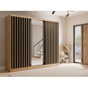 Armoire KAZU 3 portes coulissantes avec miroir chêne et gris graphite 248 cm