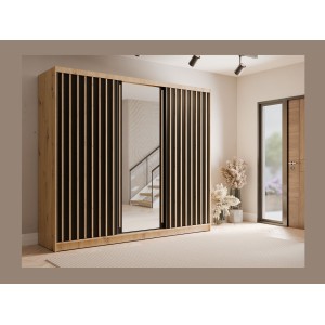 Armoire KAZU 3 portes coulissantes avec miroir chêne et gris graphite 248 cm