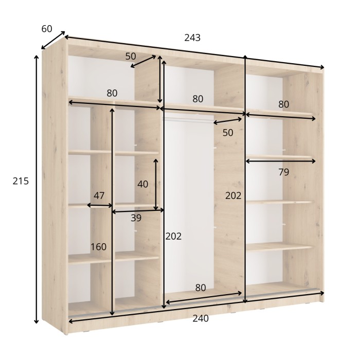 Schrank KAZU mit 3 Schiebetüren und Spiegel in Eichen- und Graphitgrau 248 cm