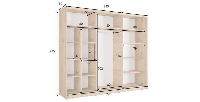 Armoire KAZU 3 portes coulissantes avec miroir chêne et gris graphite 248 cm