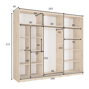 Armoire KAZU 3 portes coulissantes avec miroir chêne et gris graphite 248 cm