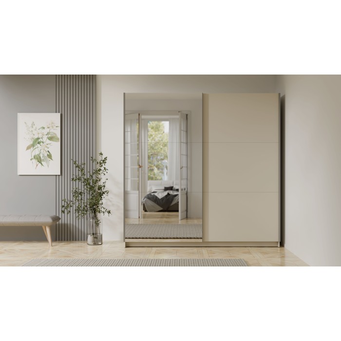 Armoire ARSALA 2 portes coulissantes avec miroir beige sable 151 cm
