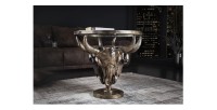 Tavolino basso TAURVIK rotondo 56 cm in alluminio bronzo e vetro stile barocco