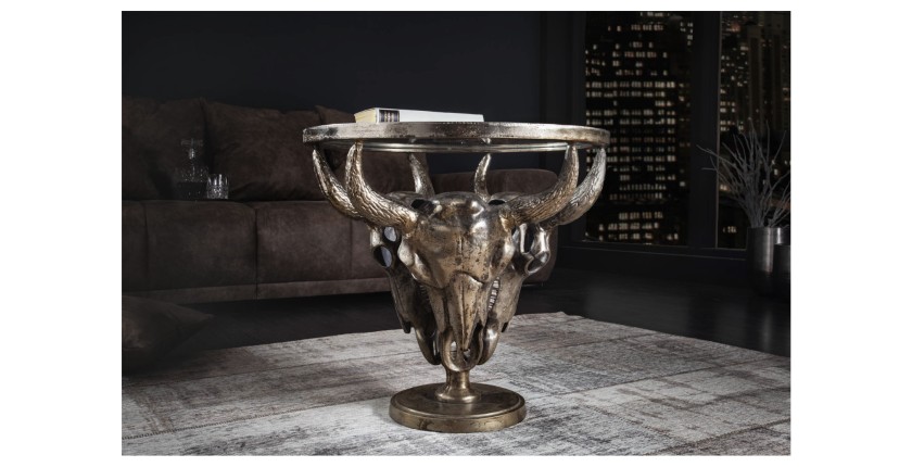 Tavolino basso TAURVIK rotondo 56 cm in alluminio bronzo e vetro stile barocco