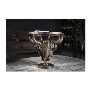 Tavolino basso TAURVIK rotondo 56 cm in alluminio bronzo e vetro stile barocco