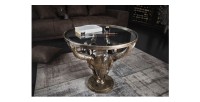 Tavolino basso TAURVIK rotondo 56 cm in alluminio bronzo e vetro stile barocco