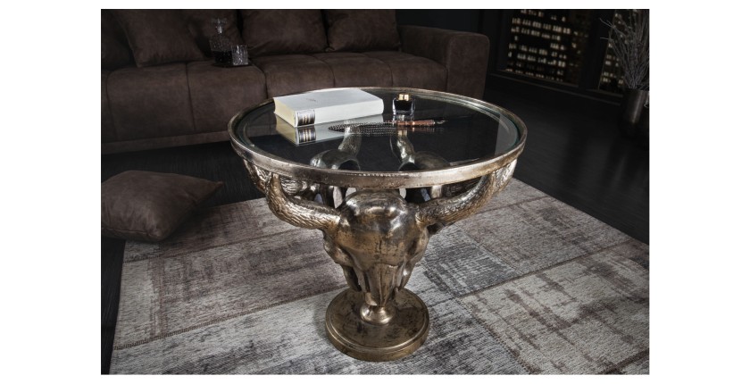Tavolino basso TAURVIK rotondo 56 cm in alluminio bronzo e vetro stile barocco