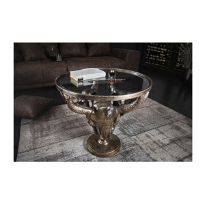 Tavolino basso TAURVIK rotondo 56 cm in alluminio bronzo e vetro stile barocco
